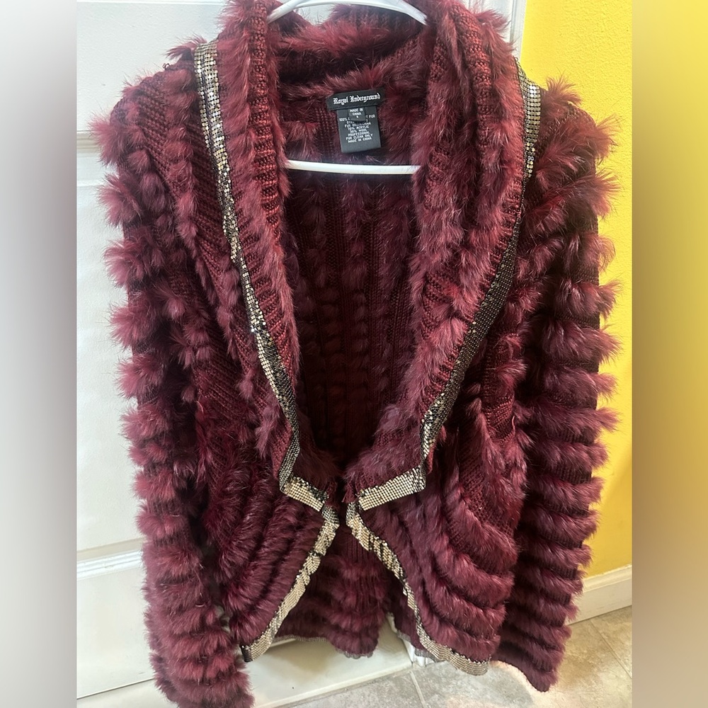 Rabbit Fur Jacket with Silver Sequin Trim